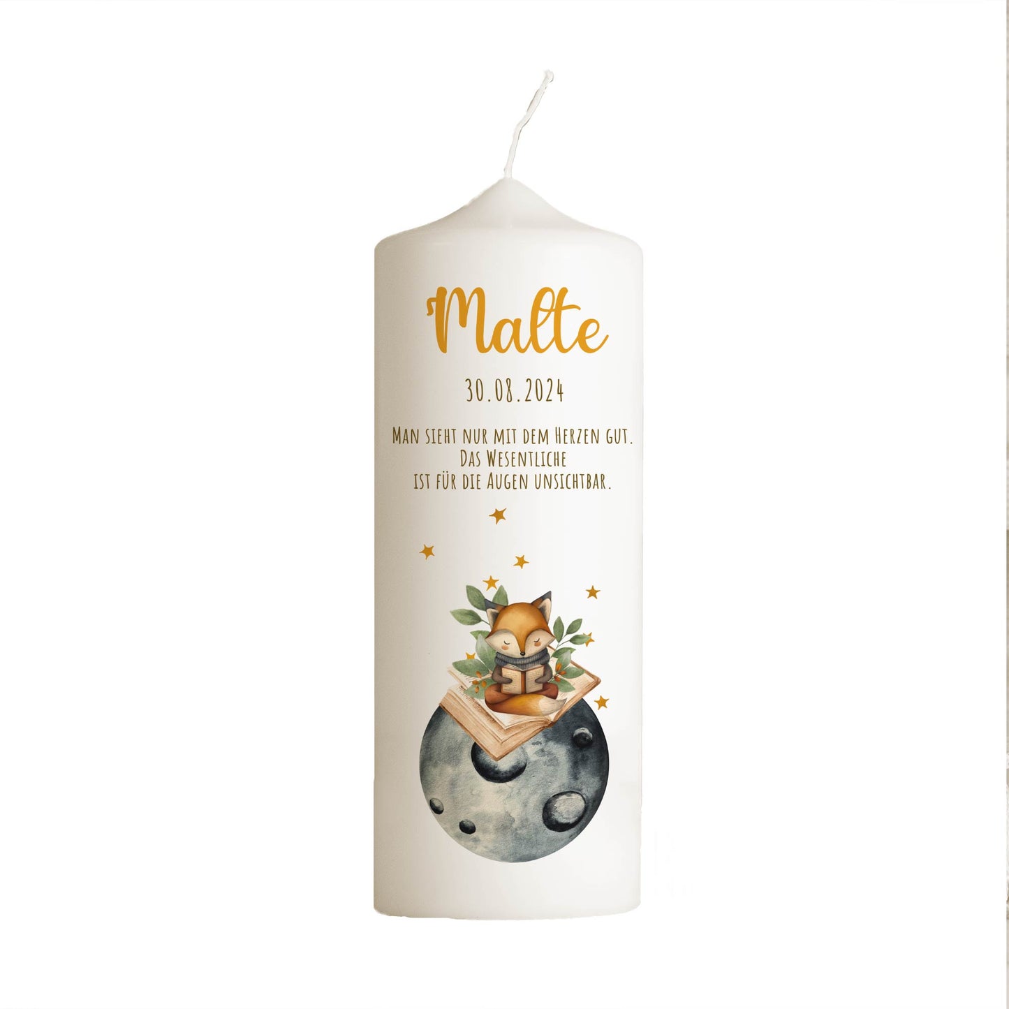 Geburtskerze Fuchs | Personalisiert mit Namen, Datum & Wunschtext | Taufkerze oder Geburtsgeschenk | 15–30 cm | Hochwertiger Direktdruck