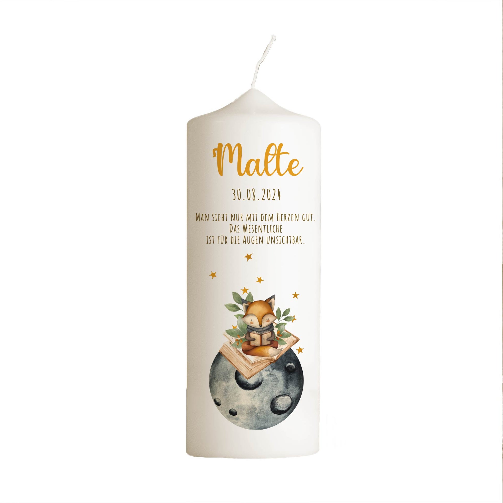 Geburtskerze Fuchs | Personalisiert mit Namen, Datum & Wunschtext | Taufkerze oder Geburtsgeschenk | 15–30 cm | Hochwertiger Direktdruck