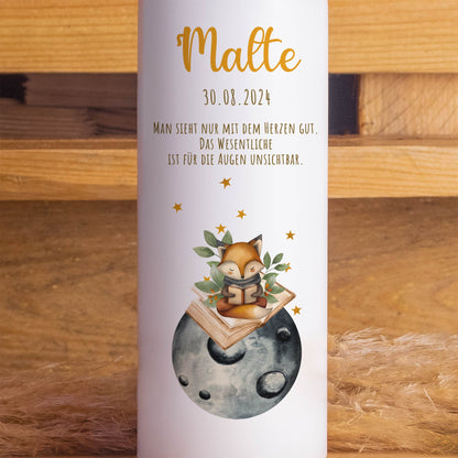 Geburtskerze Fuchs | Personalisiert mit Namen, Datum & Wunschtext | Taufkerze oder Geburtsgeschenk | 15–30 cm | Hochwertiger Direktdruck