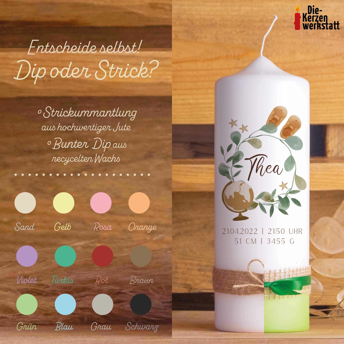Geburtskerze | Globus | 15 - 30 cm Höhe | Personalisiert