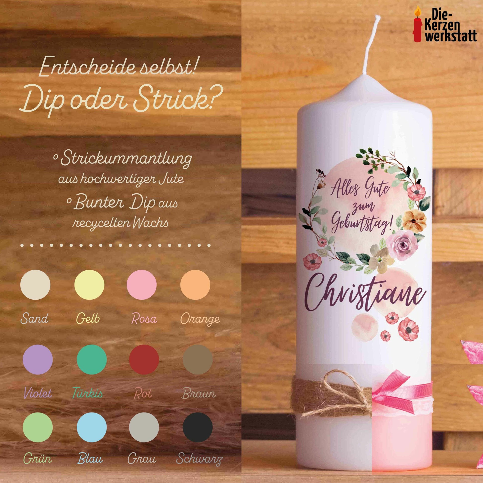 Geburtstagskerze | Blütenkranz | 15 - 30 cm Höhe | Personalisierte Kerze