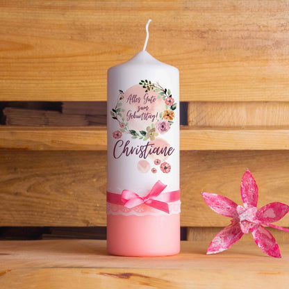 Geburtstagskerze | Blütenkranz | 15 - 30 cm Höhe | Personalisierte Kerze