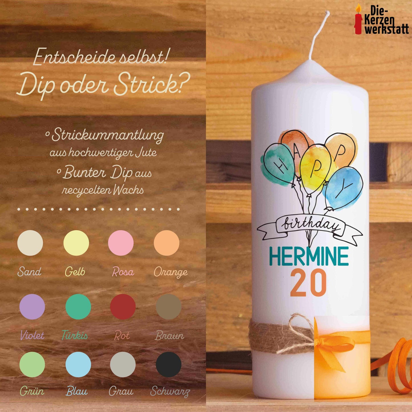 Geburtstagskerze | Luftballons | 15 - 30 cm Höhe | Personalisierte Kerze