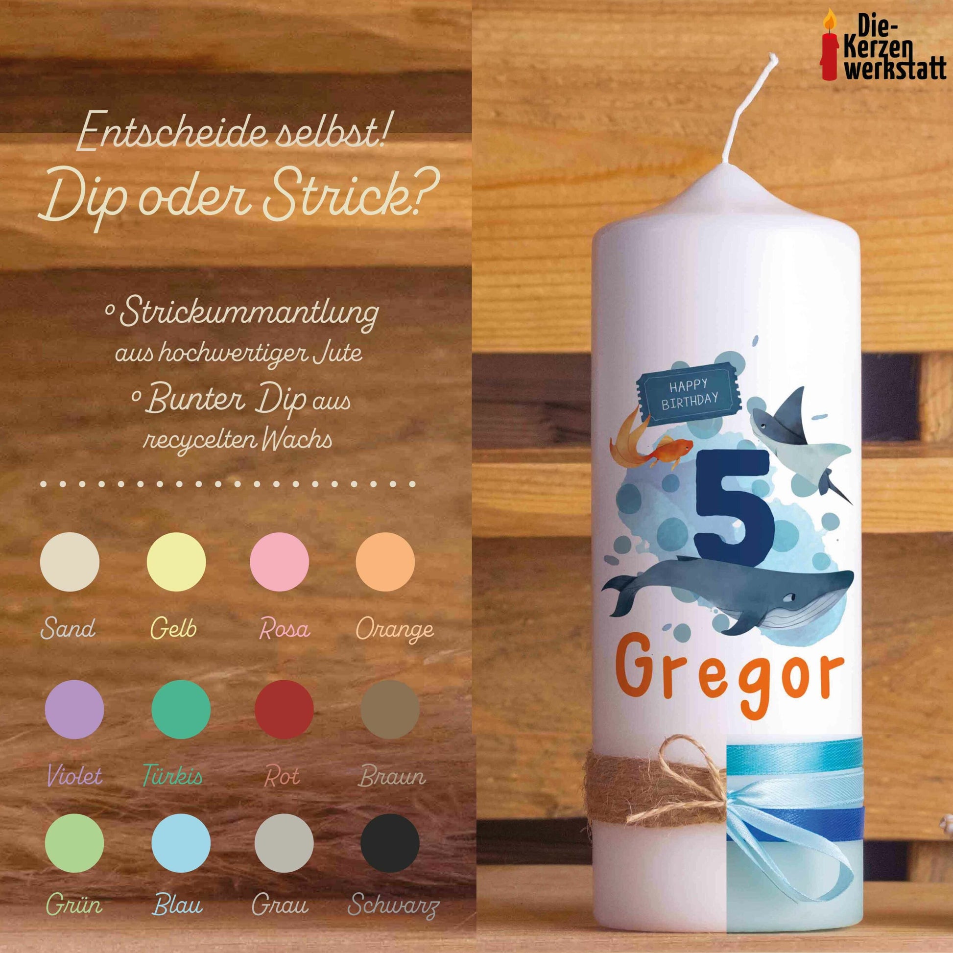 Geburtstagskerze | Ozean | 15 - 30 cm Höhe | Personalisierte Kerze