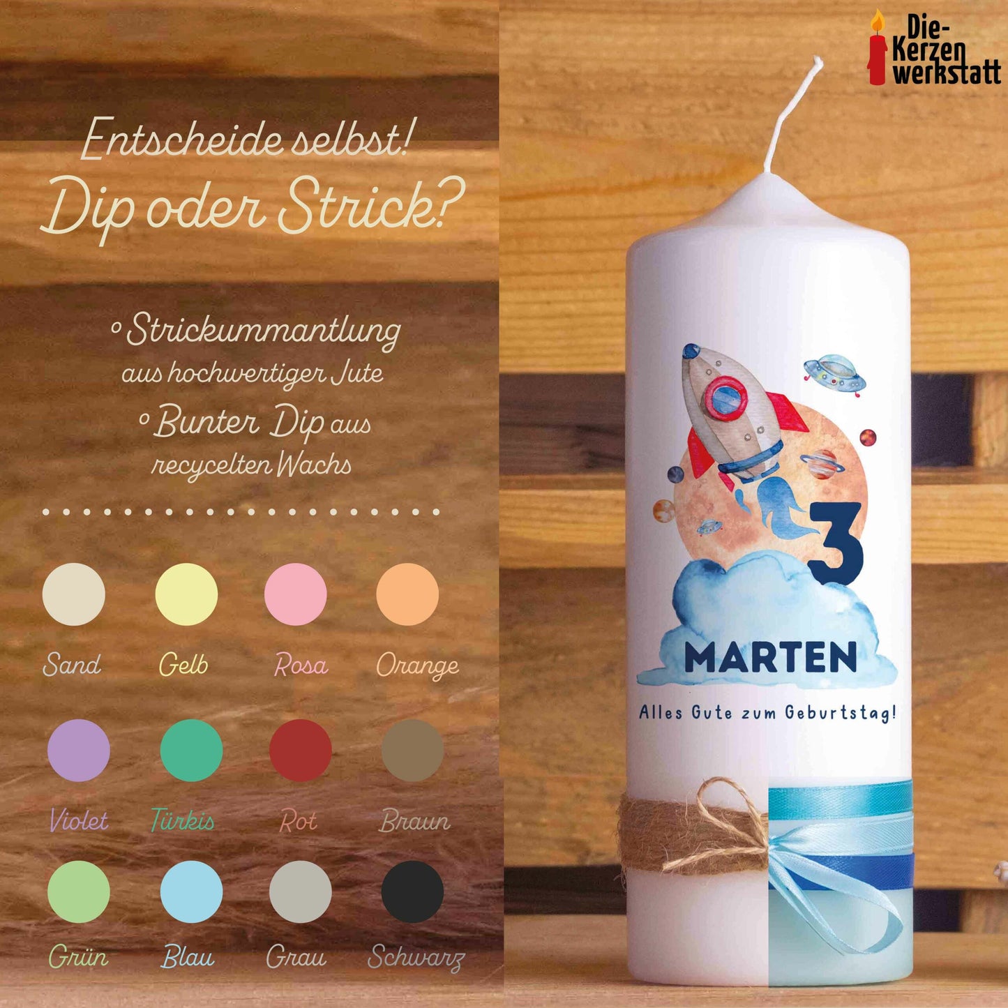 Geburtstagskerze | Weltraum | 15 - 30 cm Höhe | Personalisierte Kerze