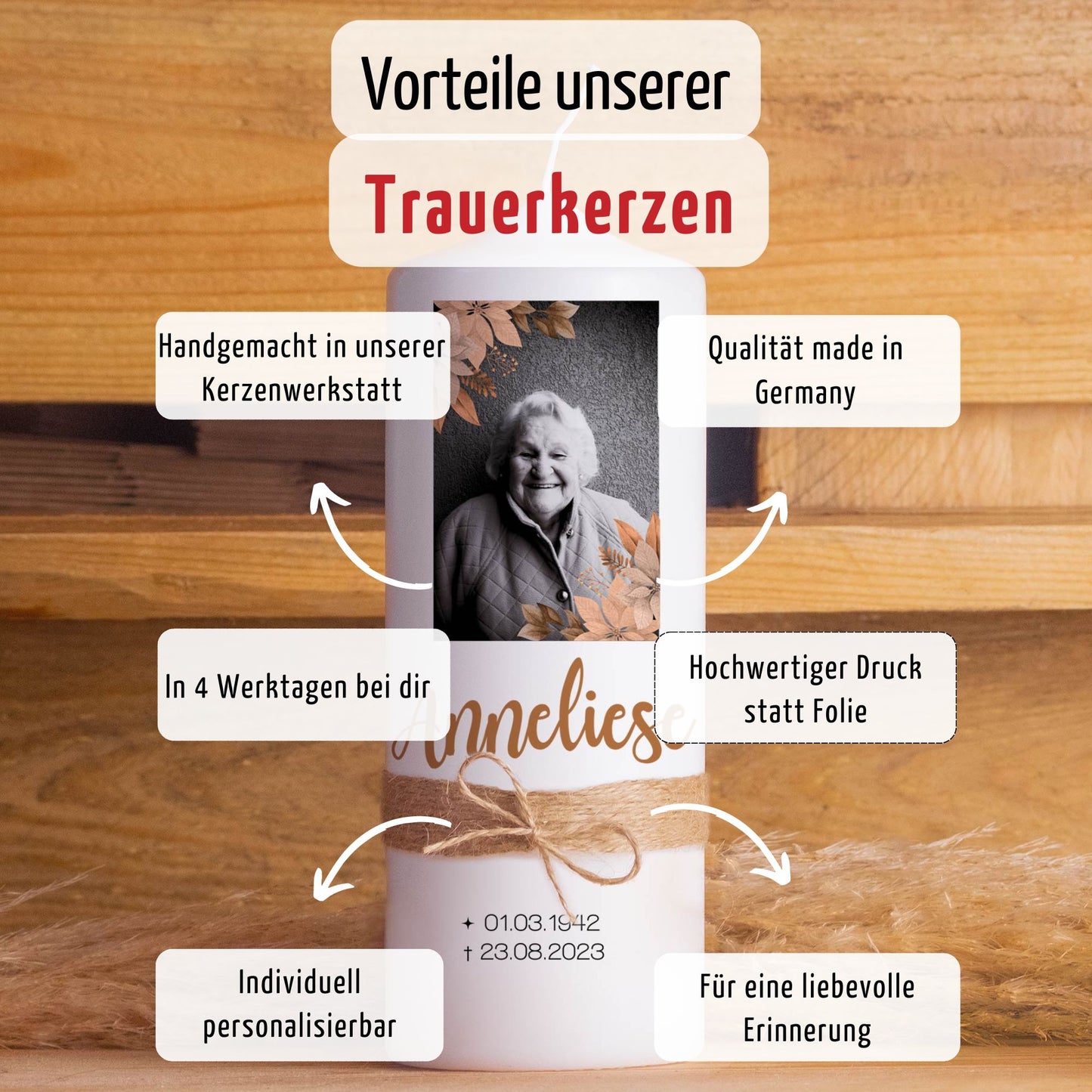 Trauerkerze mit Foto Gold | 15 - 30 cm Höhe | Personalisierte Kerze | Gedenkkerze | Erinnerungsstück | Trauerfeier