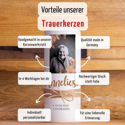 Trauerkerze mit Foto Gold | 15 - 30 cm Höhe | Personalisierte Kerze | Gedenkkerze | Erinnerungsstück | Trauerfeier
