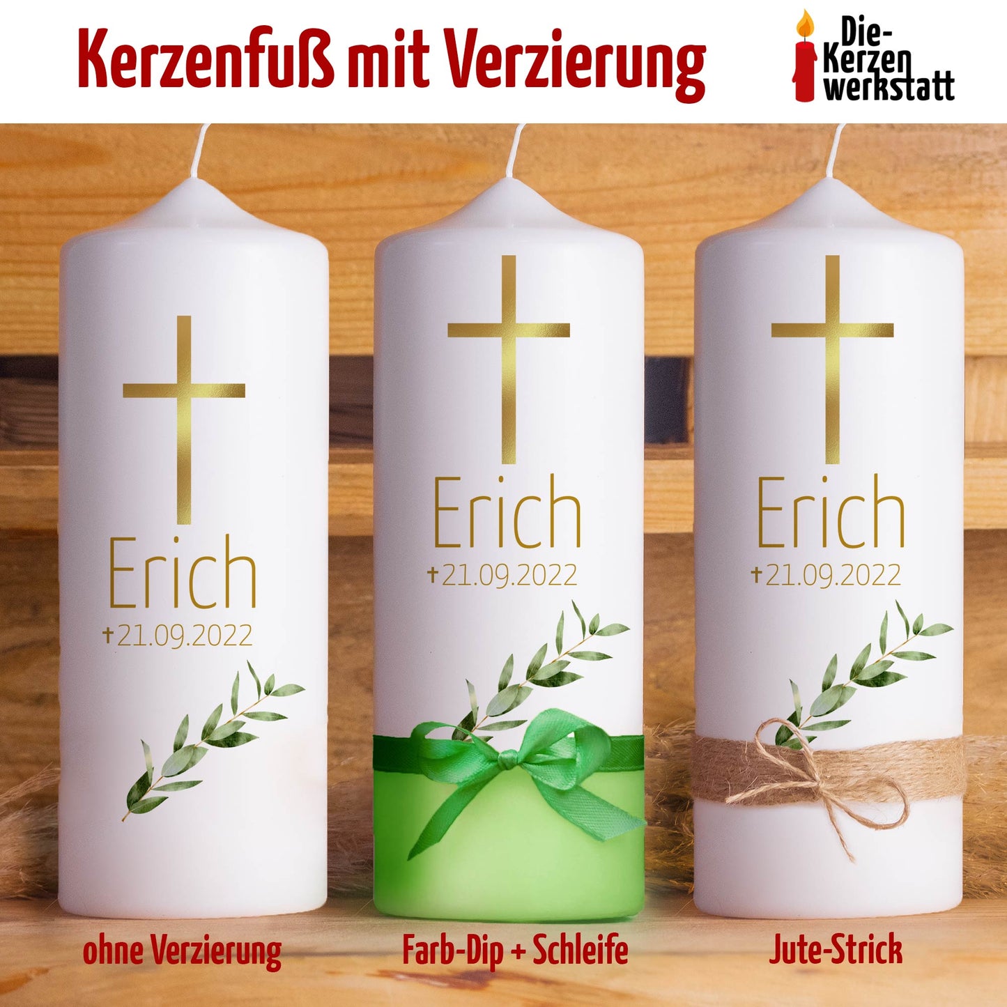 Trauerkerze Goldenes Kreuz | 15 - 30 cm Höhe | Personalisierte Kerze | Gedenkkerze