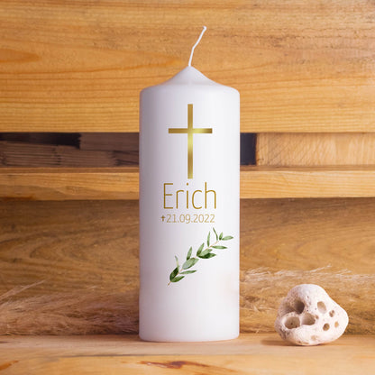 Trauerkerze Goldenes Kreuz | 15 - 30 cm Höhe | Personalisierte Kerze | Gedenkkerze