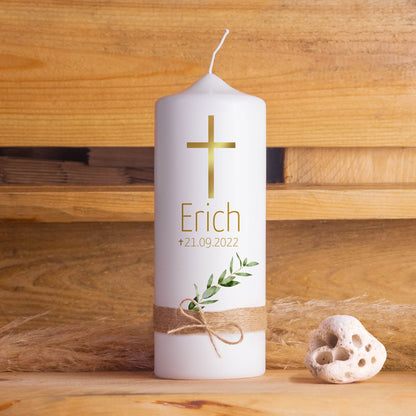 Personalisierte Trauerkerze Goldenes Kreuz