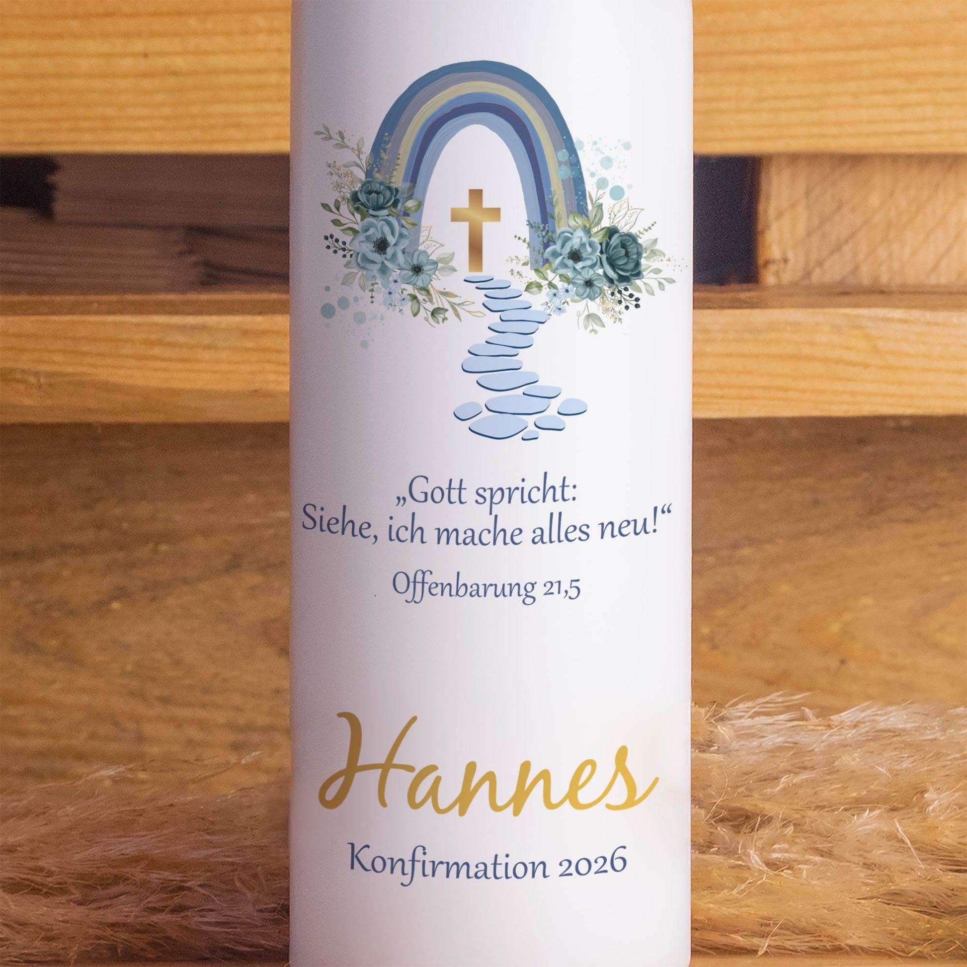 Konfirmationskerze personalisiert 2026 mit Name & Spruch – Gottes Weg Design