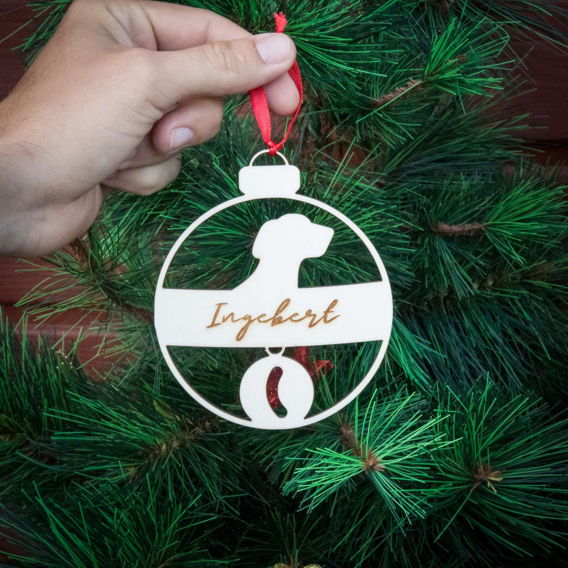 Weihnachtskugel aus Holz personalisiert mit Namen "Hund mit Halsband" ∅ 10 cm | Weihnachtsbaum Schmuck | Weihnachtsdeko | Christbaum