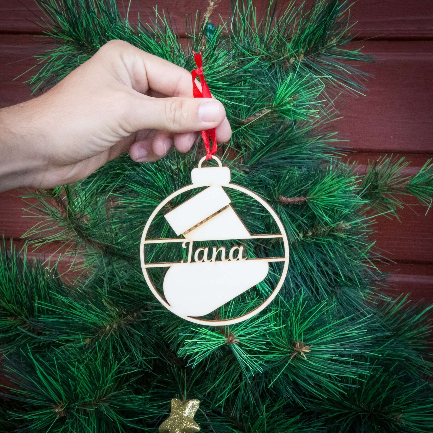 Weihnachtskugel aus Holz personalisiert mit Namen "Nikolaus Stiefel" ∅ 10 cm | Weihnachtsbaum Schmuck | Weihnachtsdeko |  Christbaum