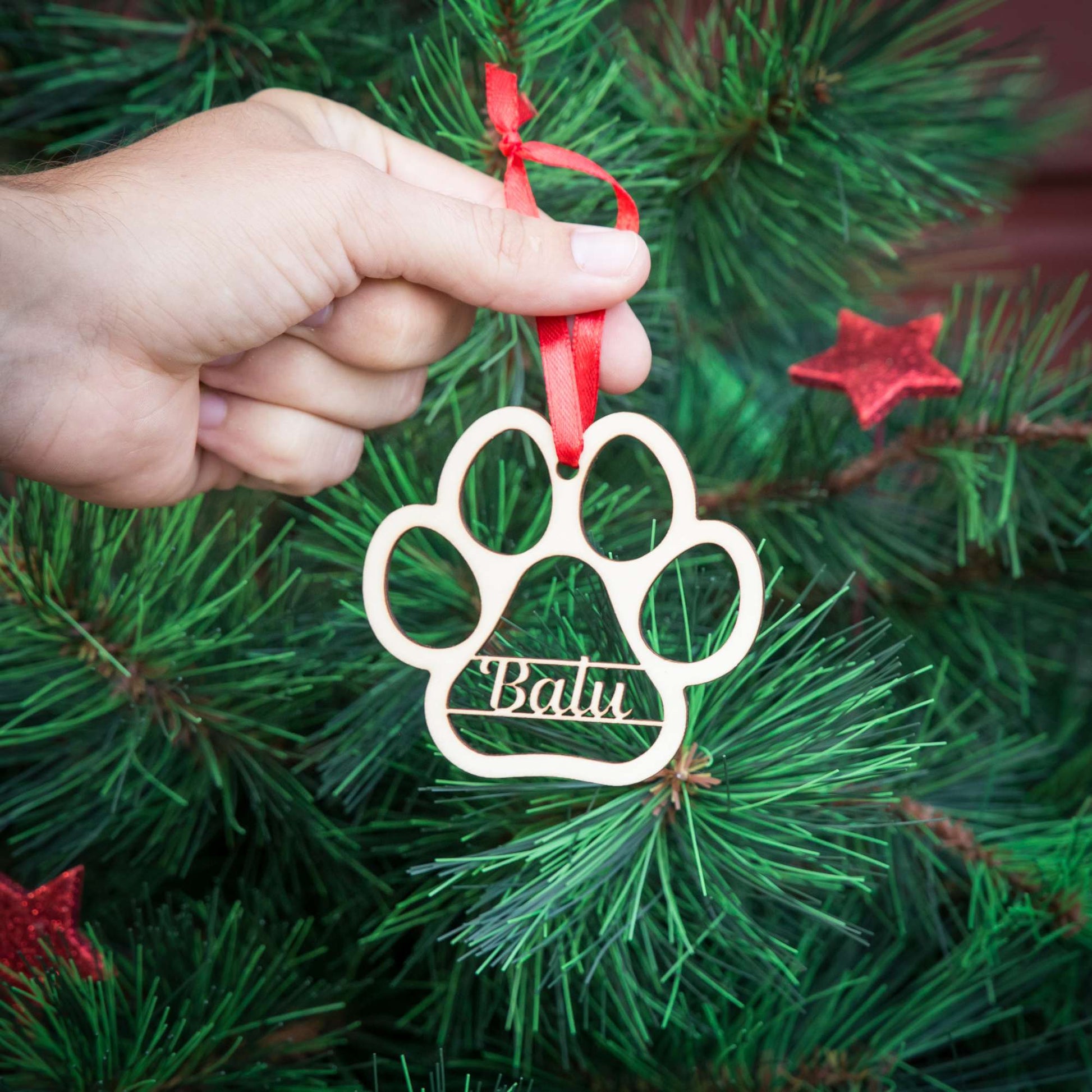 Weihnachtsbaumschmuck aus Holz personalisiert mit Namen "Pfote Haustier" 10 cm | Weihnachtsdeko | Christbaum | Hund/ Katze