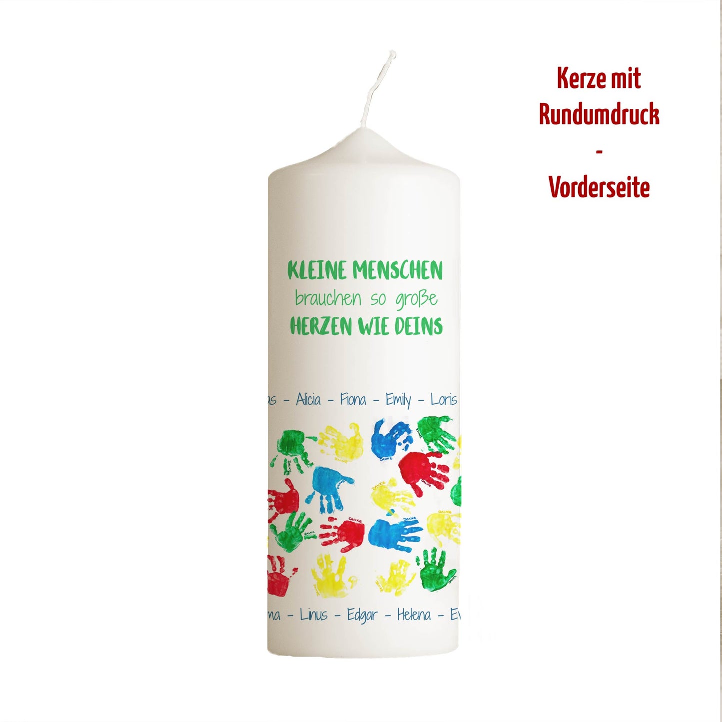 Kita Abschiedskerze „Handabdrücke“ | Personalisiert mit Namen | Geschenk Erzieherin | Rundumdruck | 15–30 cm