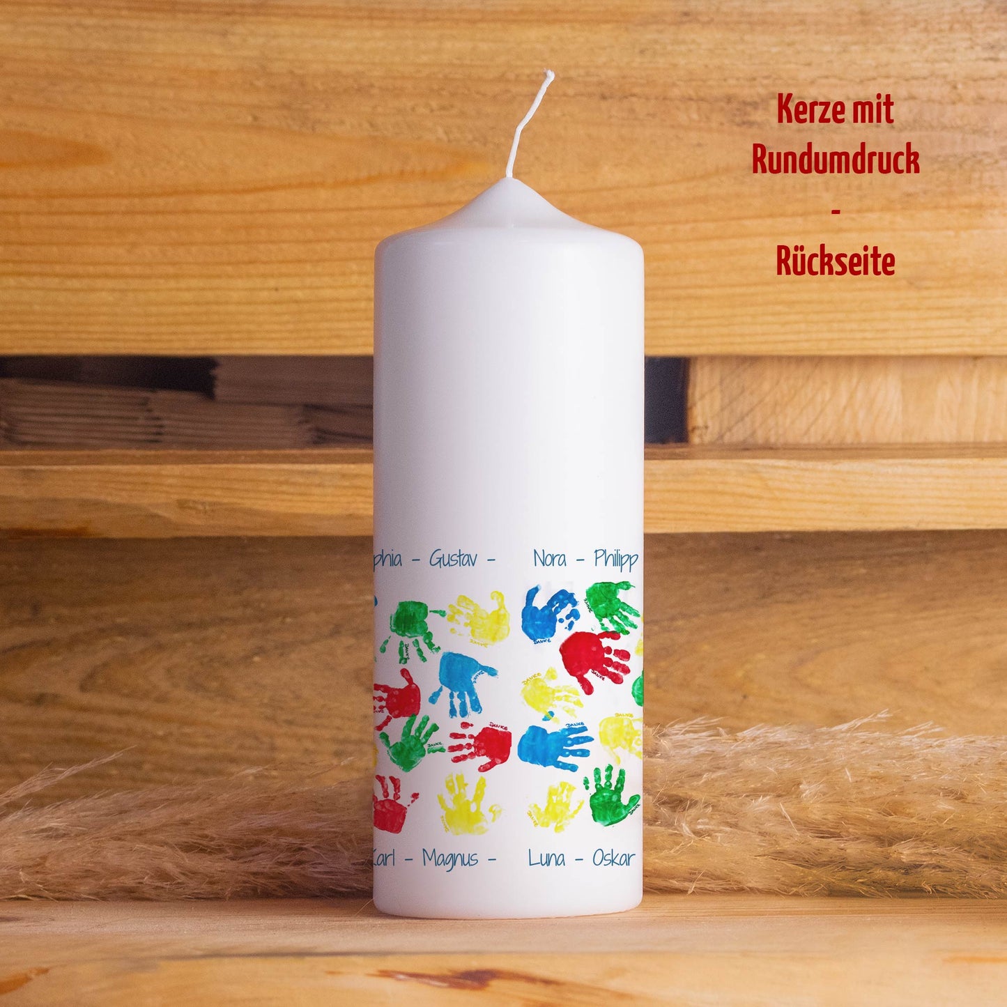 Kita Abschiedskerze „Handabdrücke“ | Personalisiert mit Namen | Geschenk Erzieherin | Rundumdruck | 15–30 cm