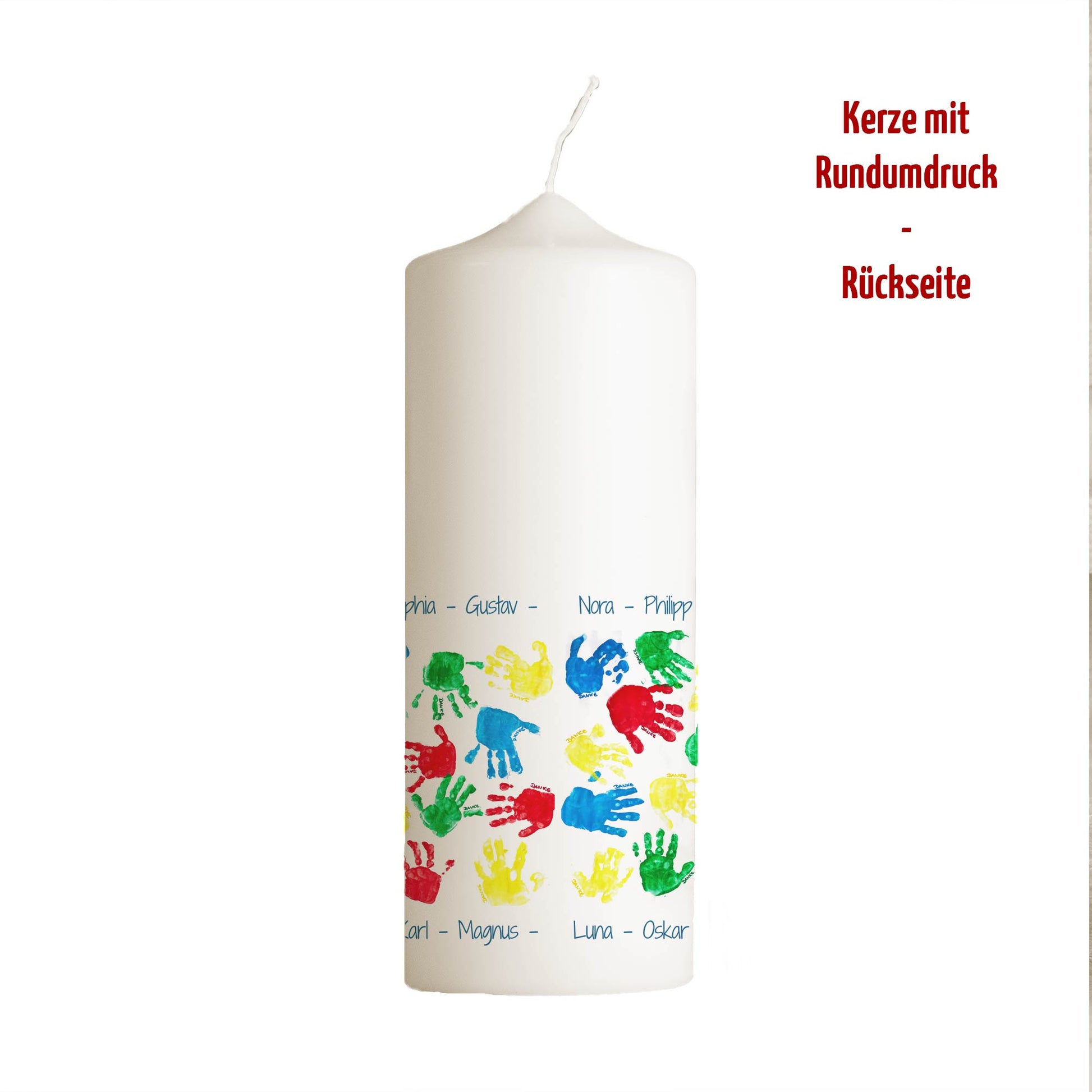 Kita Abschiedskerze „Handabdrücke“ | Personalisiert mit Namen | Geschenk Erzieherin | Rundumdruck | 15–30 cm