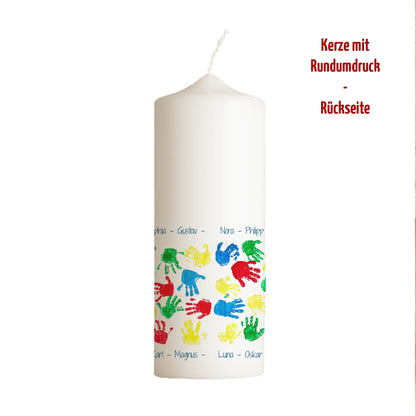 Kita Abschiedskerze „Handabdrücke“ | Personalisiert mit Namen | Geschenk Erzieherin | Rundumdruck | 15–30 cm