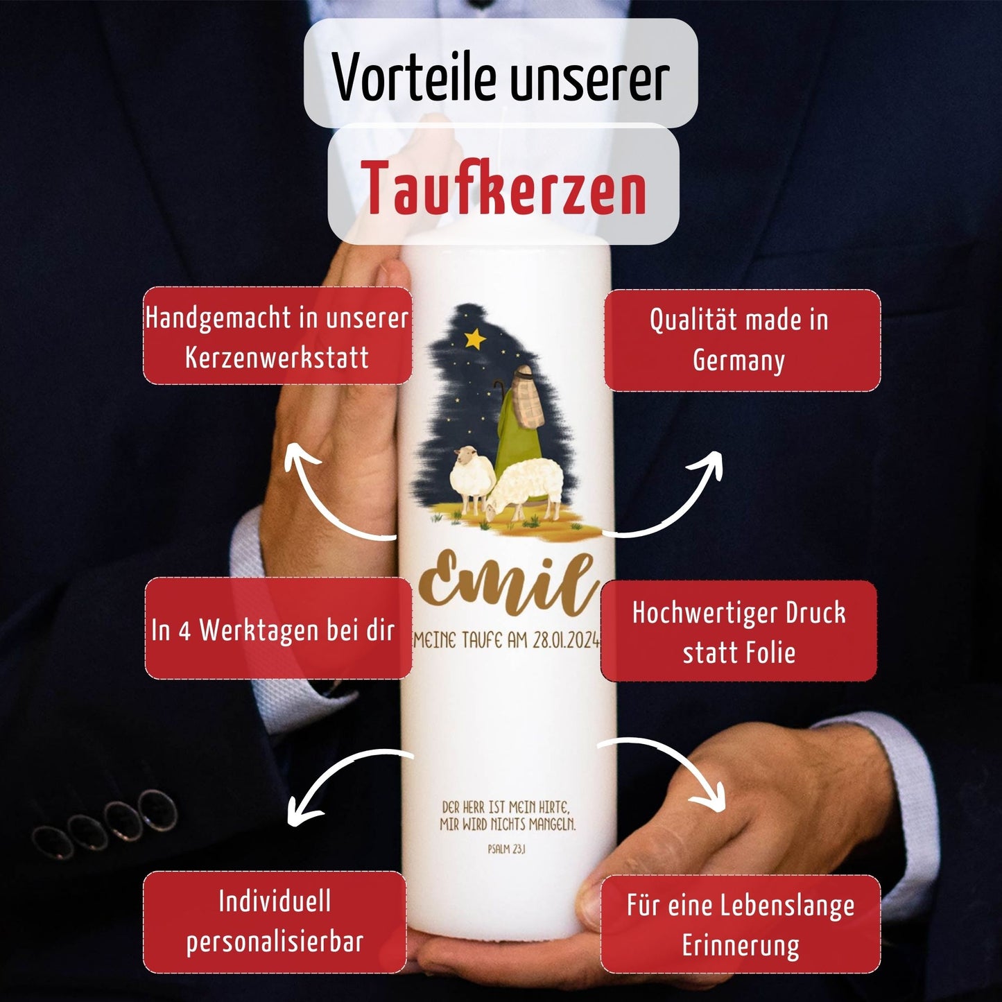 Taufkerze Hirte | 15 - 30 cm Höhe | Personalisierte Kerze | Evangelisch | Katholisch | Kerze für Täufling