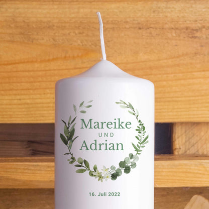 Hochzeitskerze | Eukalyptus mit Blüten | Personalisiert