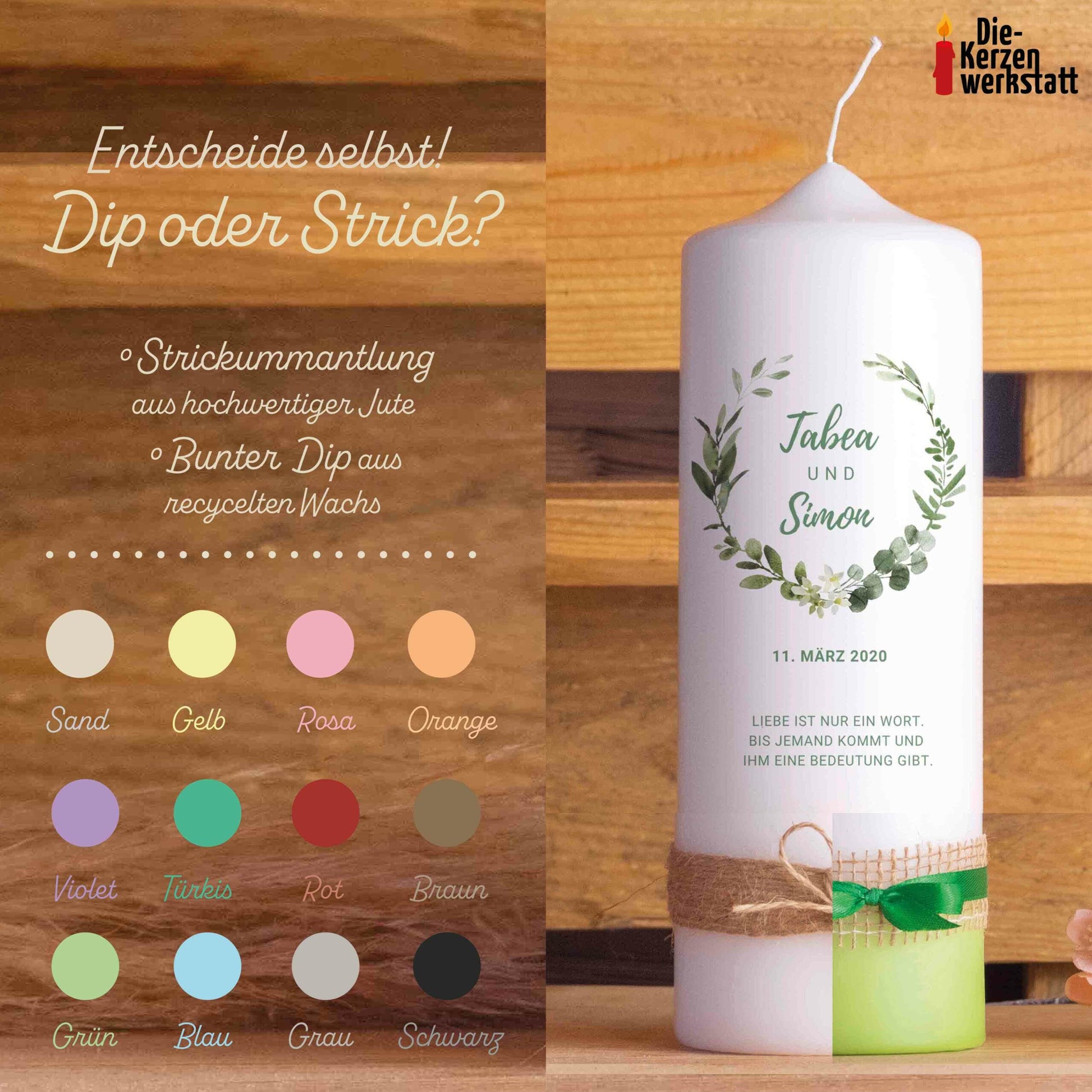 Hochzeitskerze | Eukalyptus mit Blüten | Personalisiert