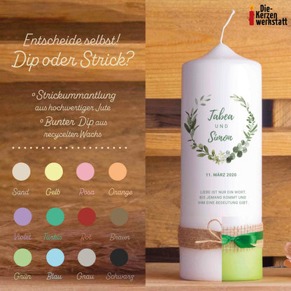 Hochzeitskerze | Eukalyptus mit Blüten | Personalisiert