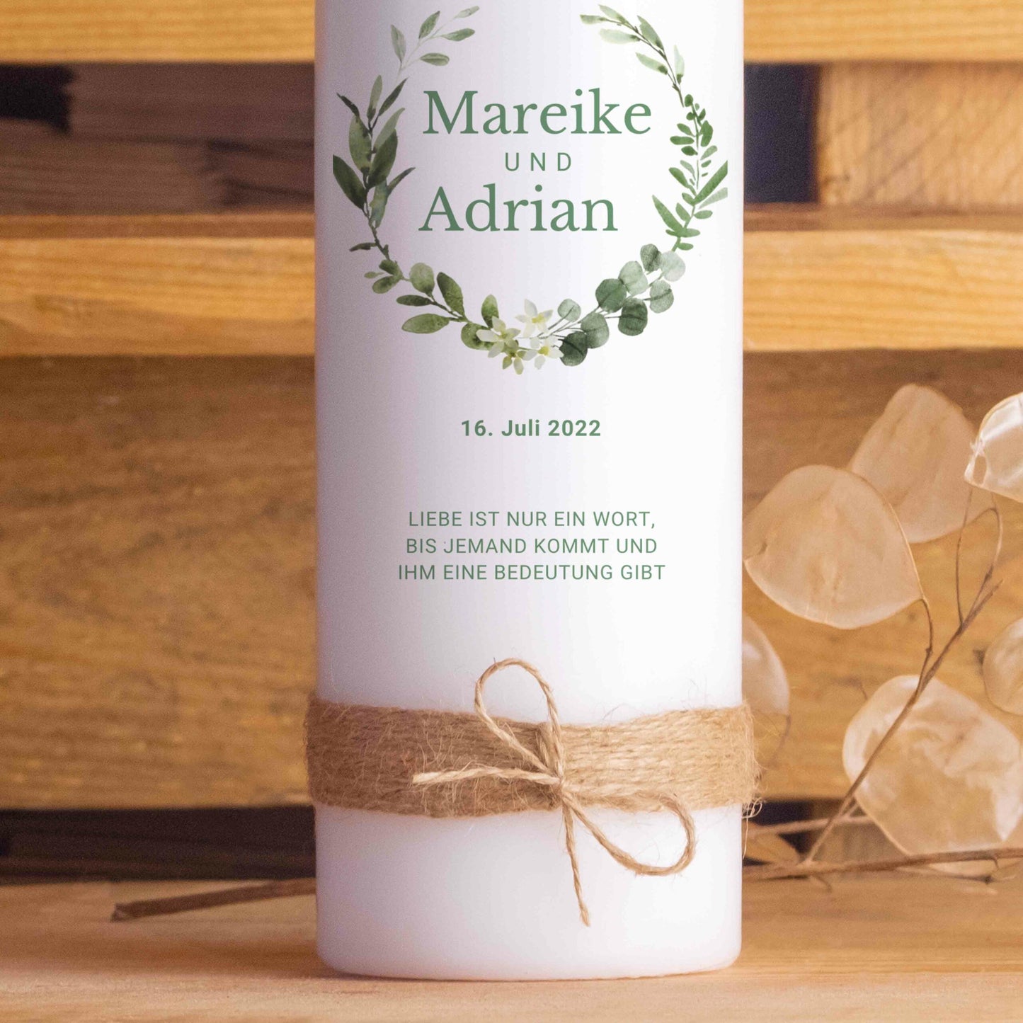 Hochzeitskerze | Eukalyptus mit Blüten | Personalisiert