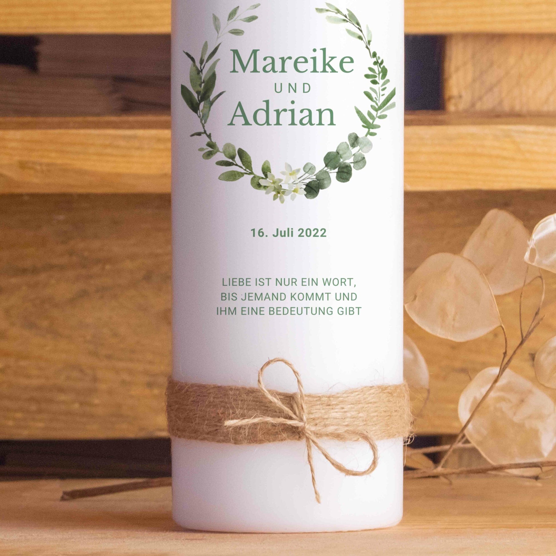Hochzeitskerze | Eukalyptus mit Blüten | Personalisiert