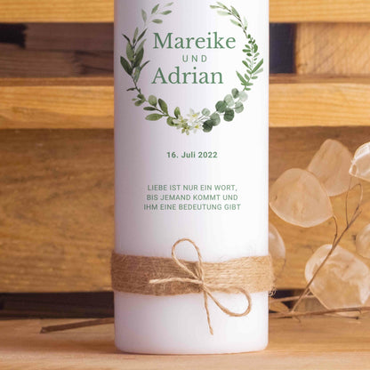 Hochzeitskerze | Eukalyptus mit Blüten | Personalisiert