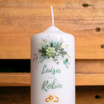 Hochzeitskerze | Eukalyptus mit Goldenen Ringen | Personalisiert