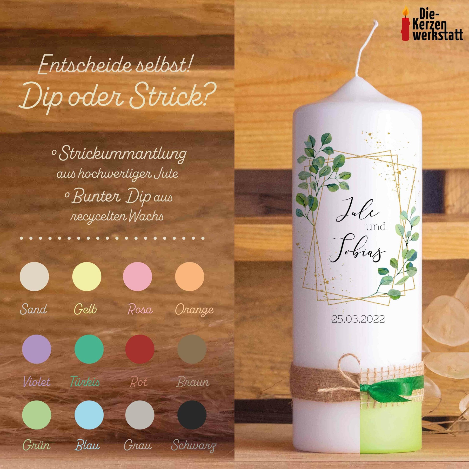 Hochzeitskerze | Goldenes Rechteck | 15 - 30 cm Höhe | Traukerze | Personalisierte Kerze