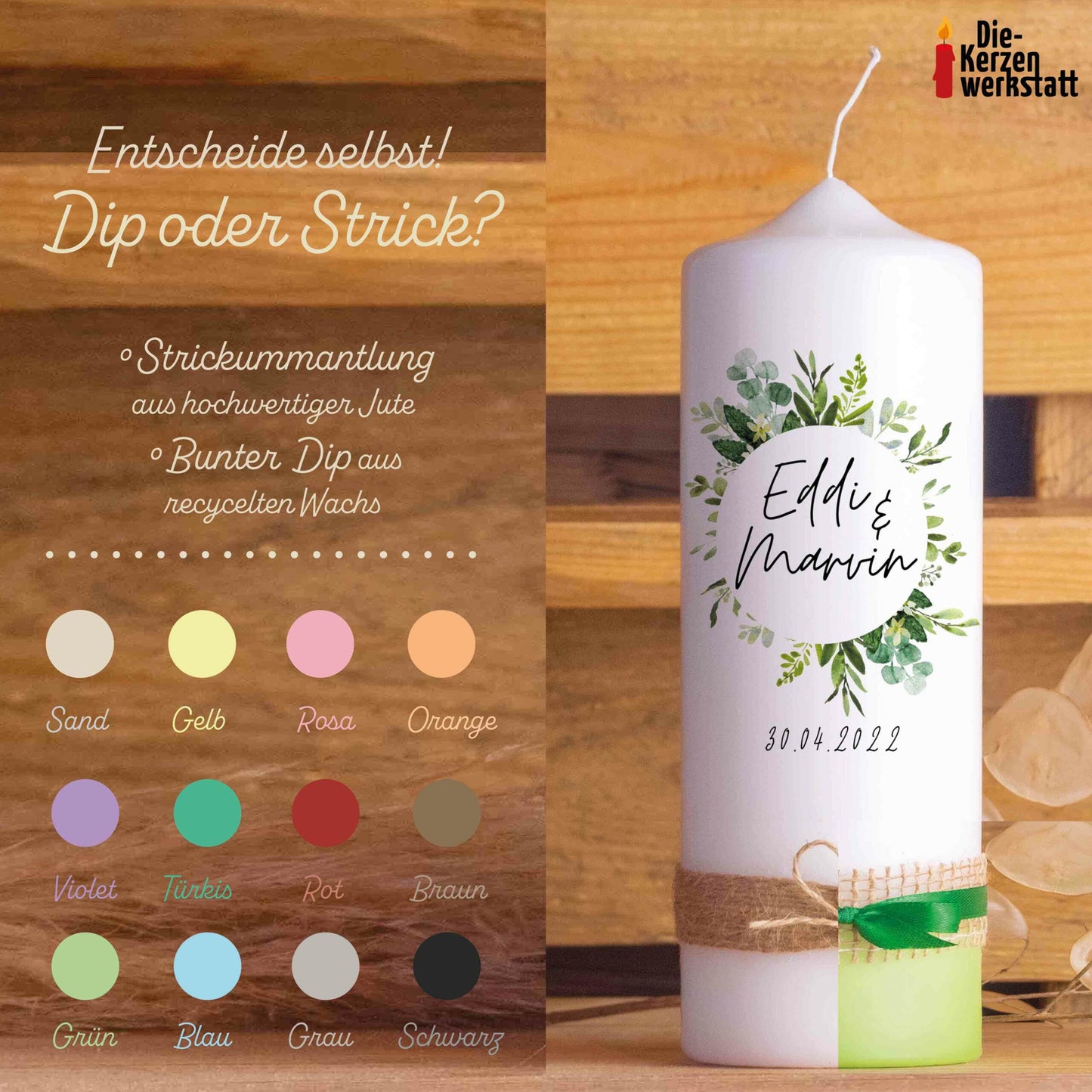 Hochzeitskerze | Kreis | 15 - 30 cm Höhe | Traukerze | Personalisierte Kerze