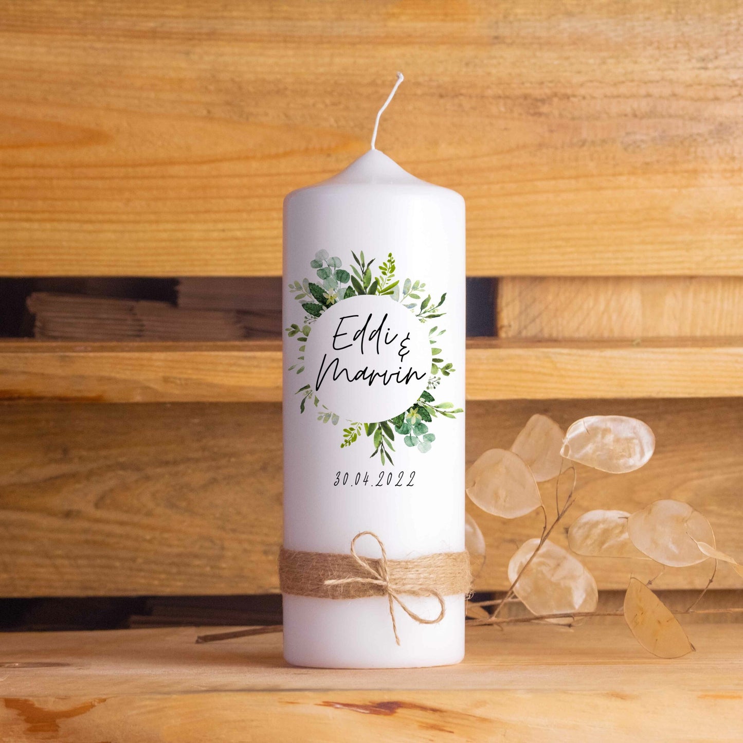 Hochzeitspaket mit personalisierter Hochzeitskerze, Kerzenuntersetzer, Holzbox,  Ringbox und Brautstraußrahmen