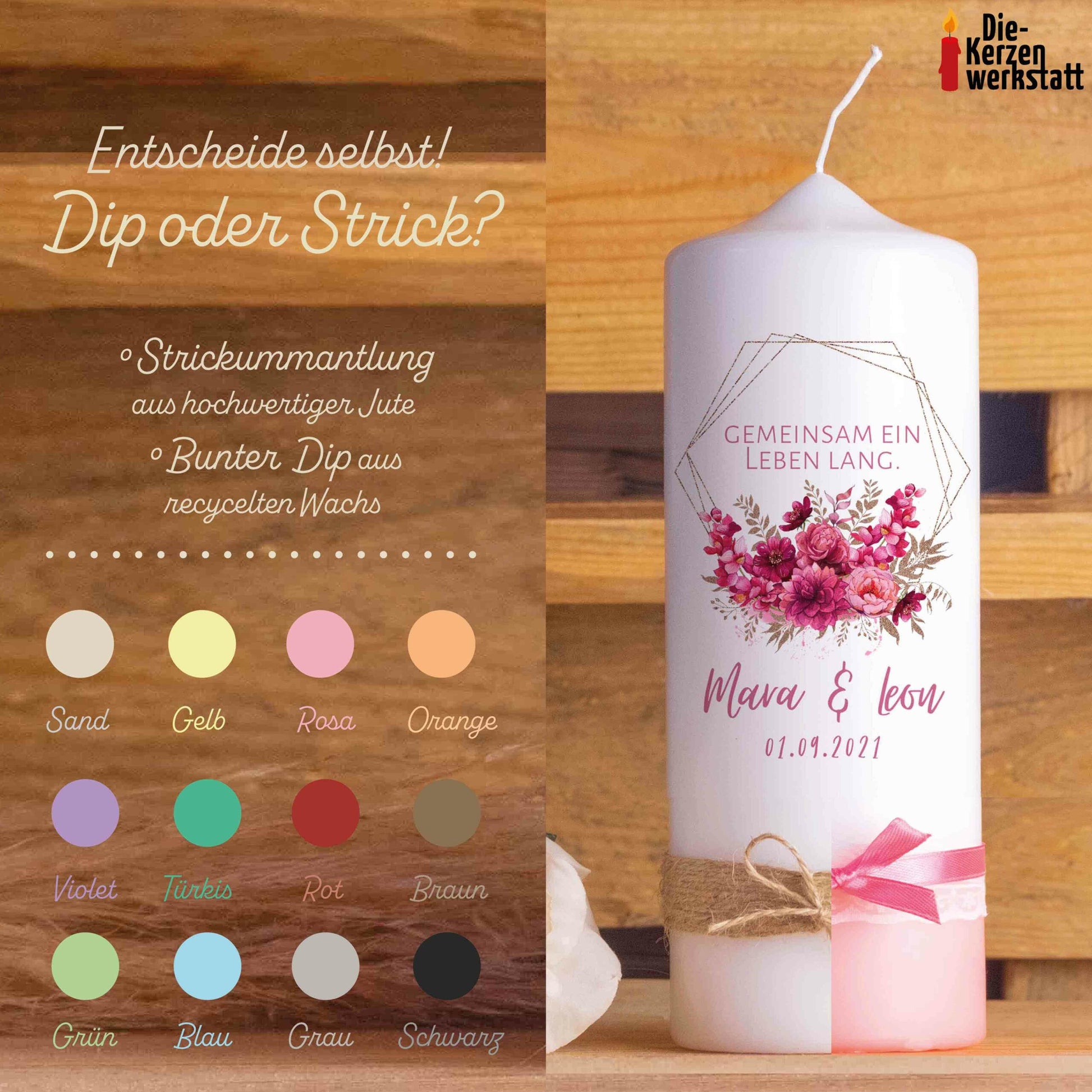 Hochzeitskerze | Polygon | 15 - 30 cm Höhe | Traukerze | Personalisierte Kerze