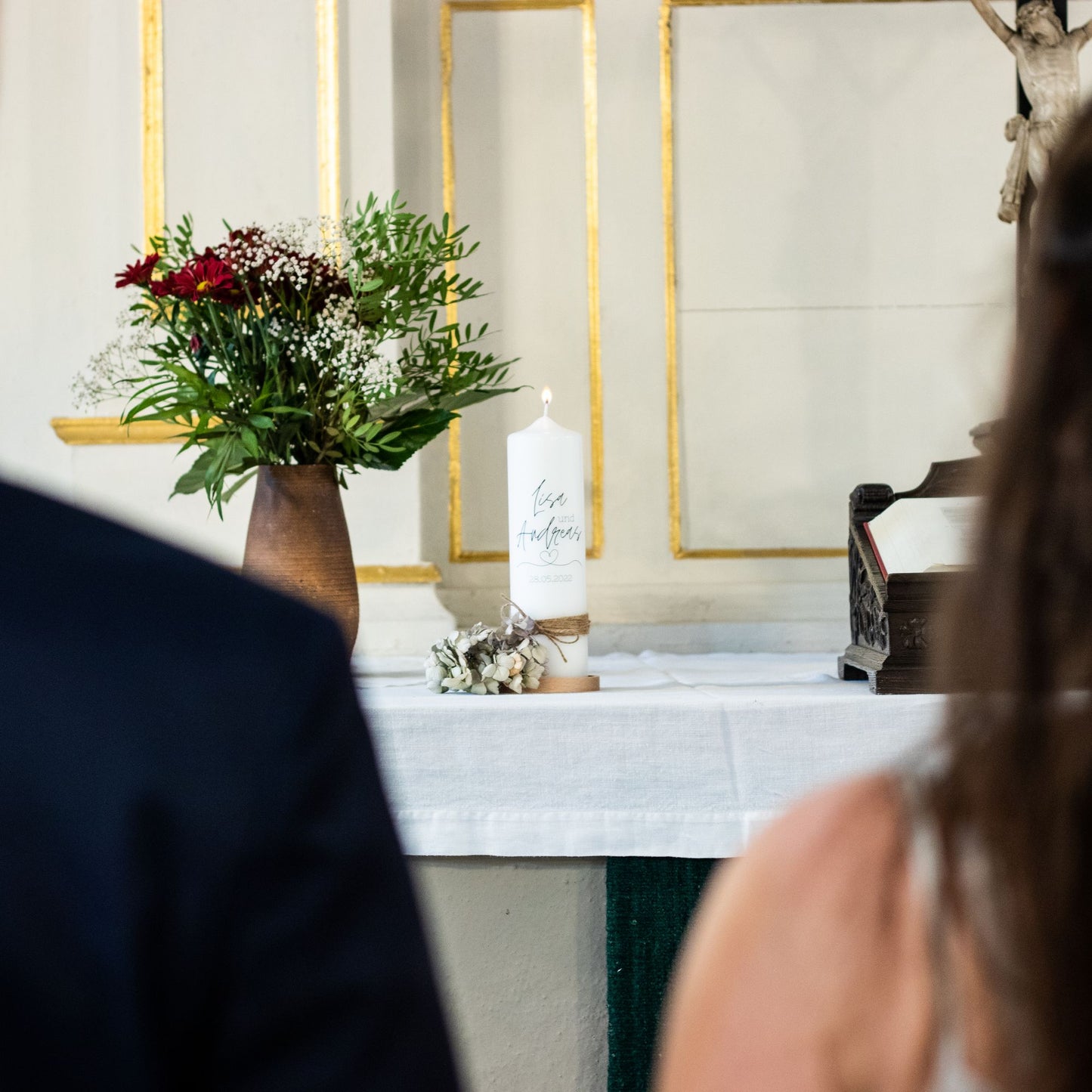 Hochzeitspaket mit personalisierter Hochzeitskerze, Kerzenuntersetzer, Holzbox,  Ringbox und Brautstraußrahmen