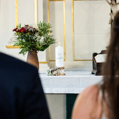 Hochzeitspaket mit personalisierter Hochzeitskerze, Kerzenuntersetzer, Holzbox,  Ringbox und Brautstraußrahmen