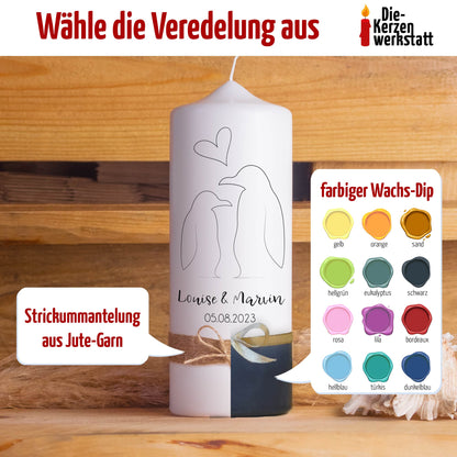 Hochzeitskerze | Pinguine | 15 - 30 cm Höhe | Traukerze | Personalisierte Kerze