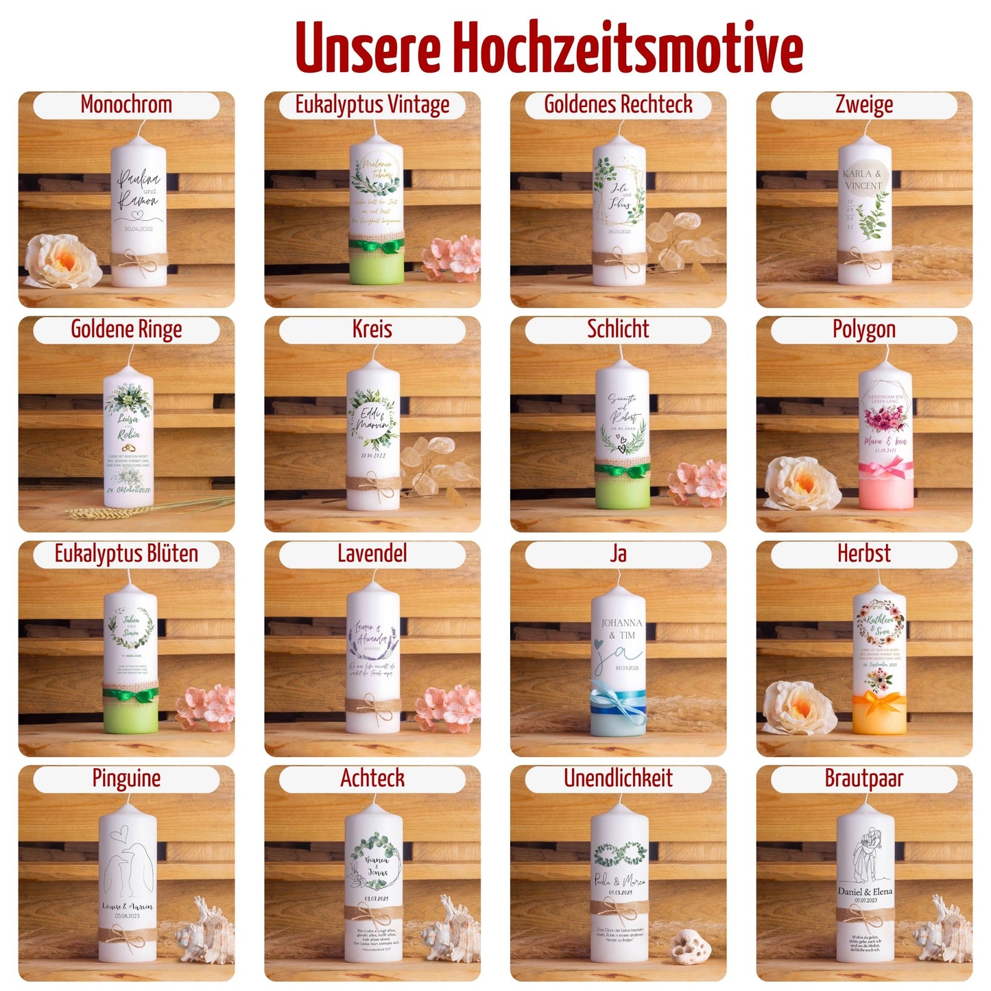 Hochzeitspaket mit personalisierter Hochzeitskerze, Kerzenuntersetzer, Holzbox,  Ringbox und Brautstraußrahmen