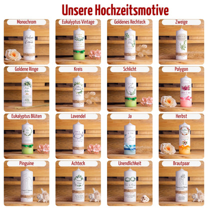 Hochzeitspaket mit personalisierter Hochzeitskerze, Kerzenuntersetzer, Holzbox,  Ringbox und Brautstraußrahmen