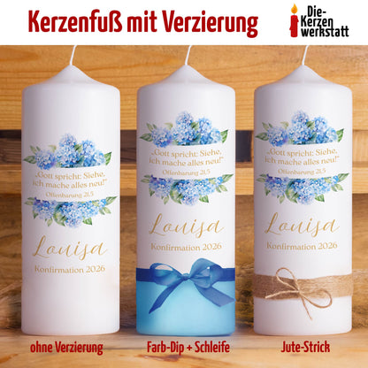 Konfirmationskerze personalisiert 2026 mit Name & Bibelvers | Hortensie