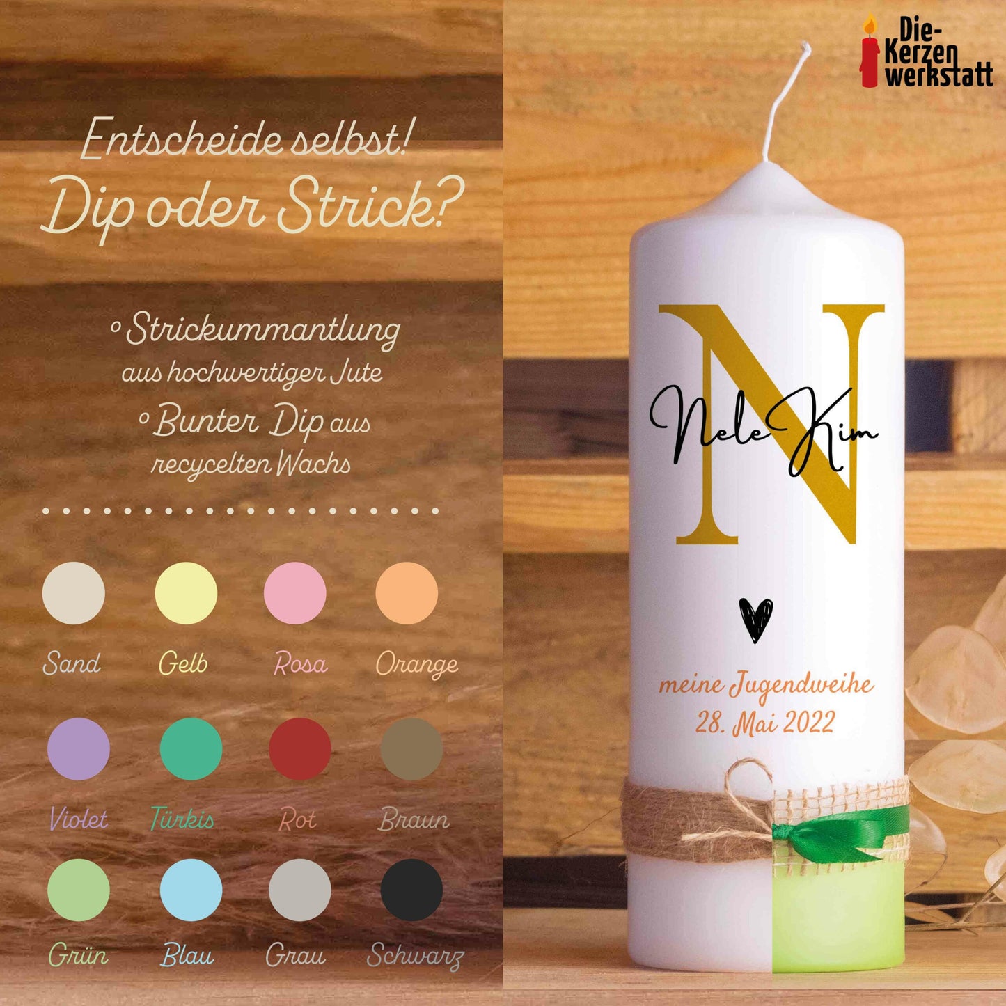 Jugendweihekerze | Initialen | 15 - 30 cm Höhe | Personalisierte Kerze