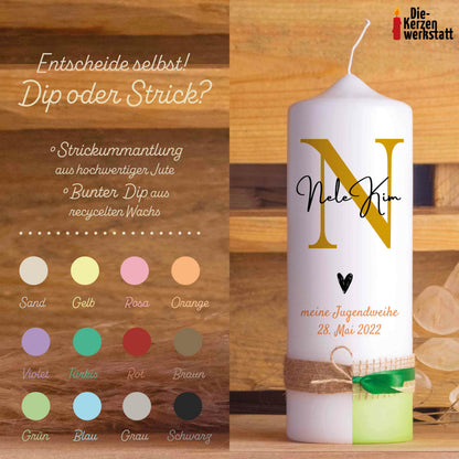 Jugendweihekerze | Initialen | 15 - 30 cm Höhe | Personalisierte Kerze
