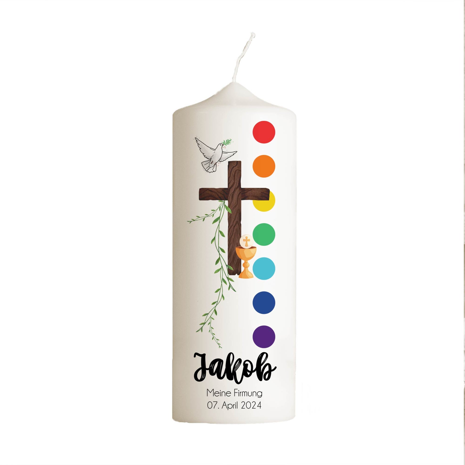Firmkerze | Kelch | 15 - 30 cm Höhe | Personalisierte Kerze zur Firmung mit Name | Regenbogen | Katholisch