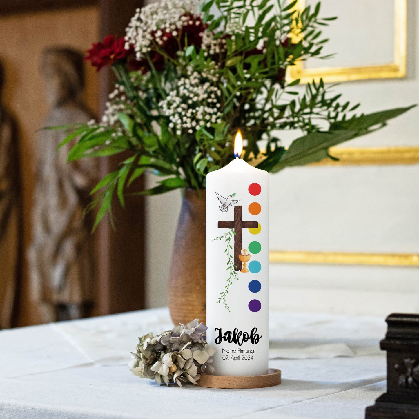 Firmkerze | Kelch | 15 - 30 cm Höhe | Personalisierte Kerze zur Firmung mit Name | Regenbogen | Katholisch