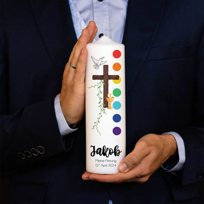 Firmkerze | Kelch | 15 - 30 cm Höhe | Personalisierte Kerze zur Firmung mit Name | Regenbogen | Katholisch