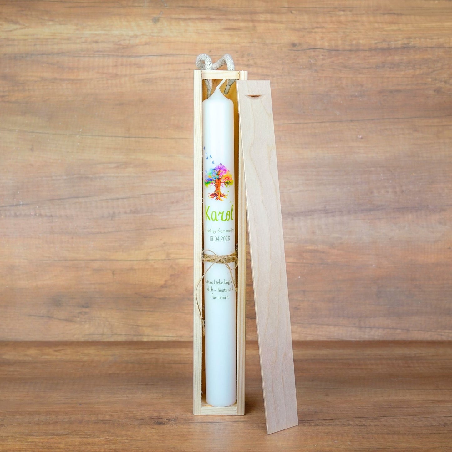 Kerzenbox Holz 41 cm für schmale Kerzen geöffnet