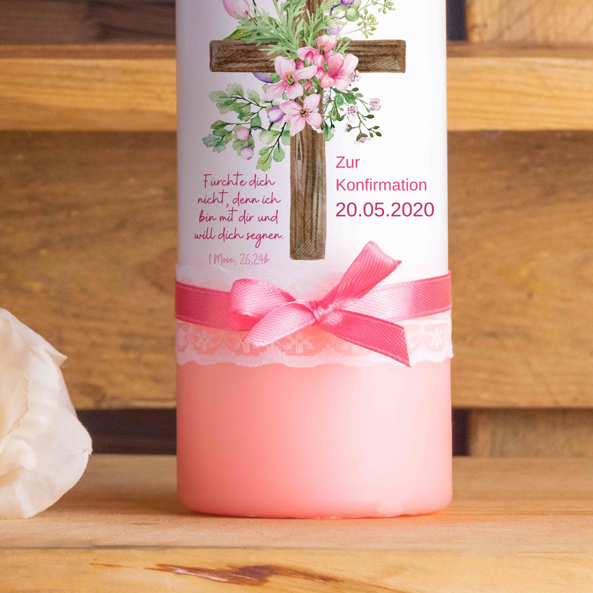 Konfirmationskerze | Blumenkreuz | 15 - 30 cm Höhe | Personalisierte Kerze