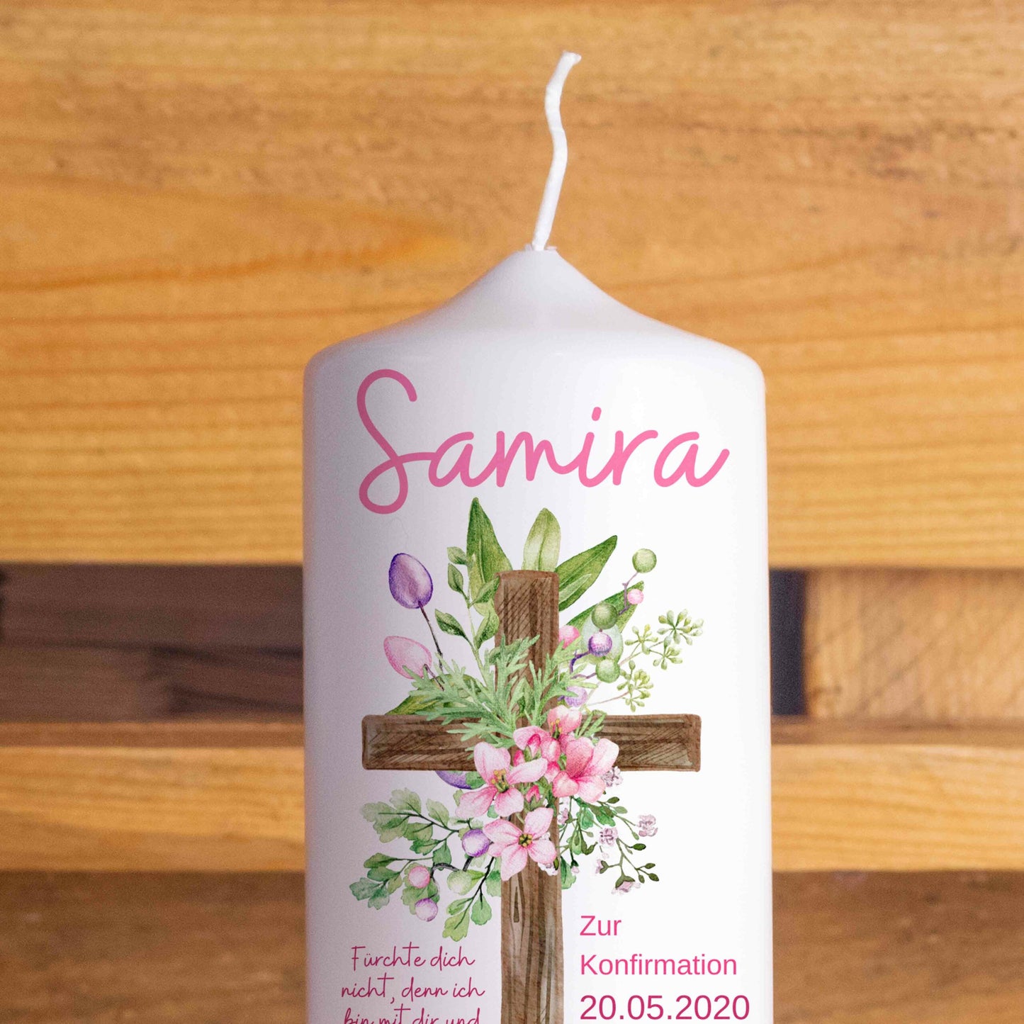 Konfirmationskerze | Blumenkreuz | 15 - 30 cm Höhe | Personalisierte Kerze