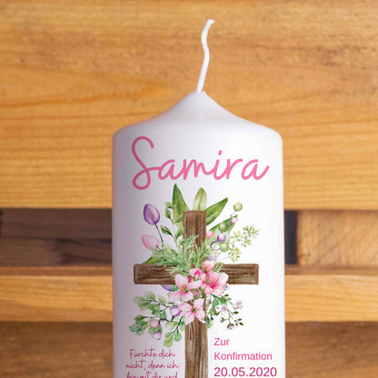 Konfirmationskerze | Blumenkreuz | 15 - 30 cm Höhe | Personalisierte Kerze
