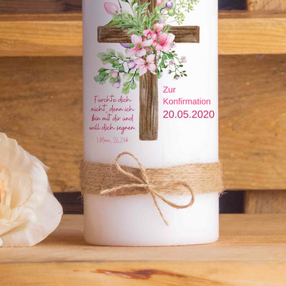 Konfirmationskerze | Blumenkreuz | 15 - 30 cm Höhe | Personalisierte Kerze